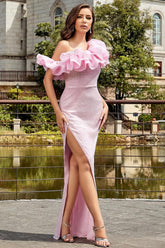 Hellrosa Meerjungfrau Rüschen Langes Ballkleid mit Schlitz